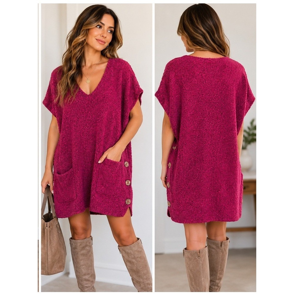 Margaret Winters Tunic/Dress sizeOS Lagenlook Magenta Knit Side Button Artsy